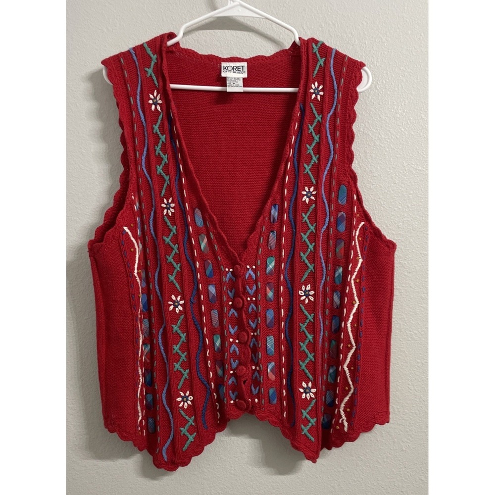 Vintage Koret City Blues Red Ribbon Knit Sweater‎ Vest Cottagecore Women's M